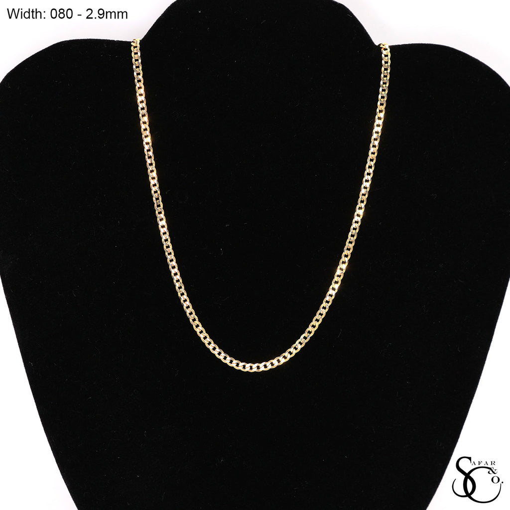 925 Sterling Silver 080 Yellow Gold Plated Flat Curb Chain