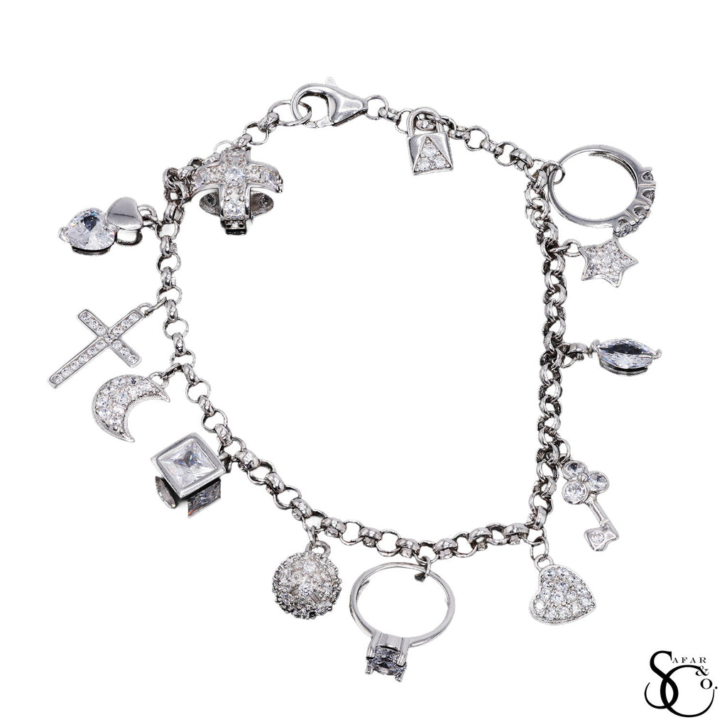 925 Sterling Silver Fancy Dangling Charm Bracelet