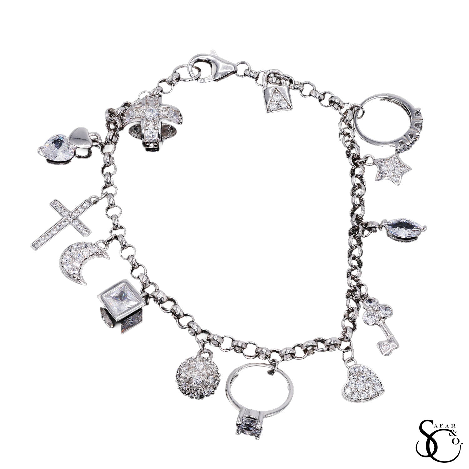 925 Sterling Silver Fancy Dangling Charm Bracelet