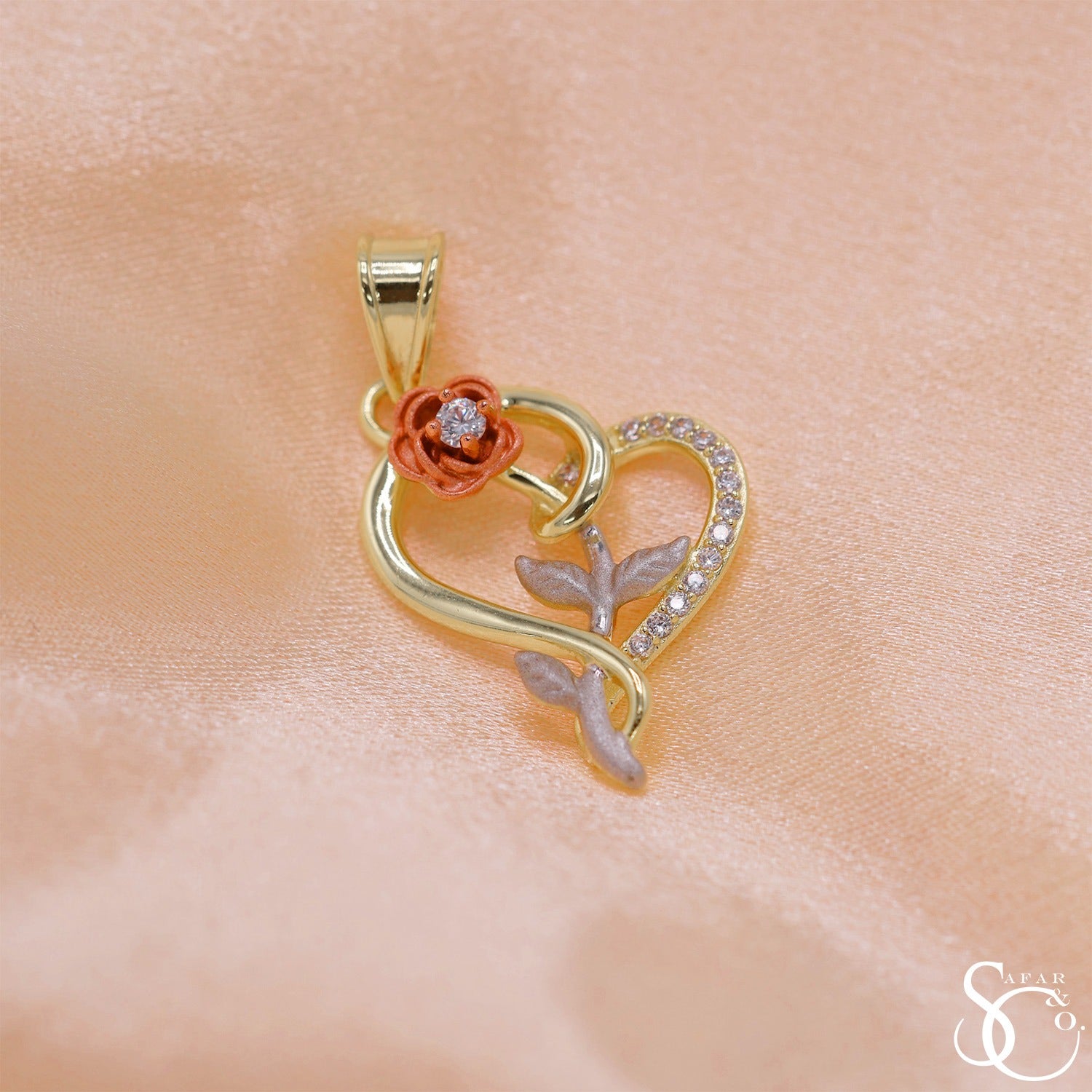 925 Sterling Silver Yellow Gold Plated Heart Rose Charm Pendant