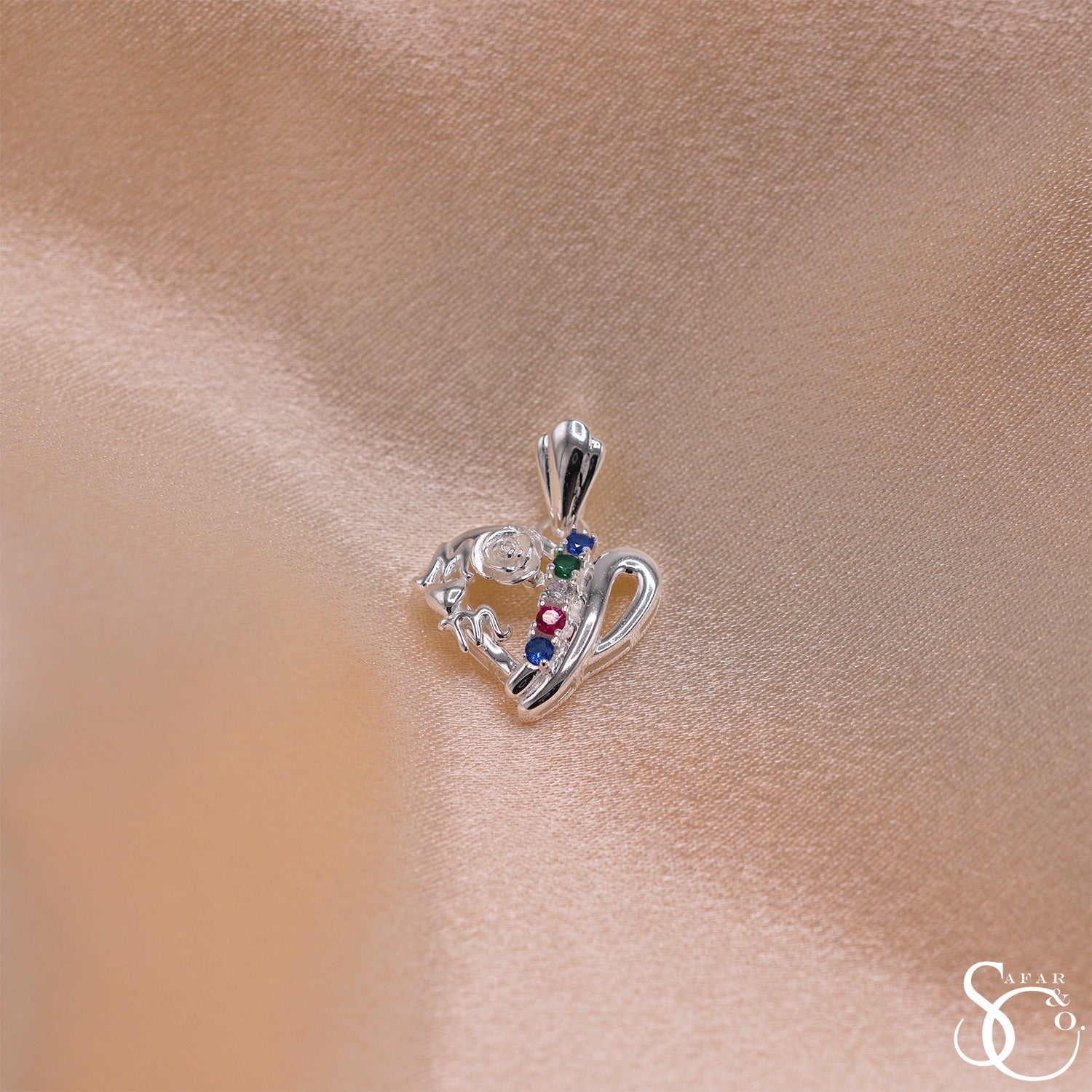 925 Sterling Silver Heart Mom Rose Charm Pendant