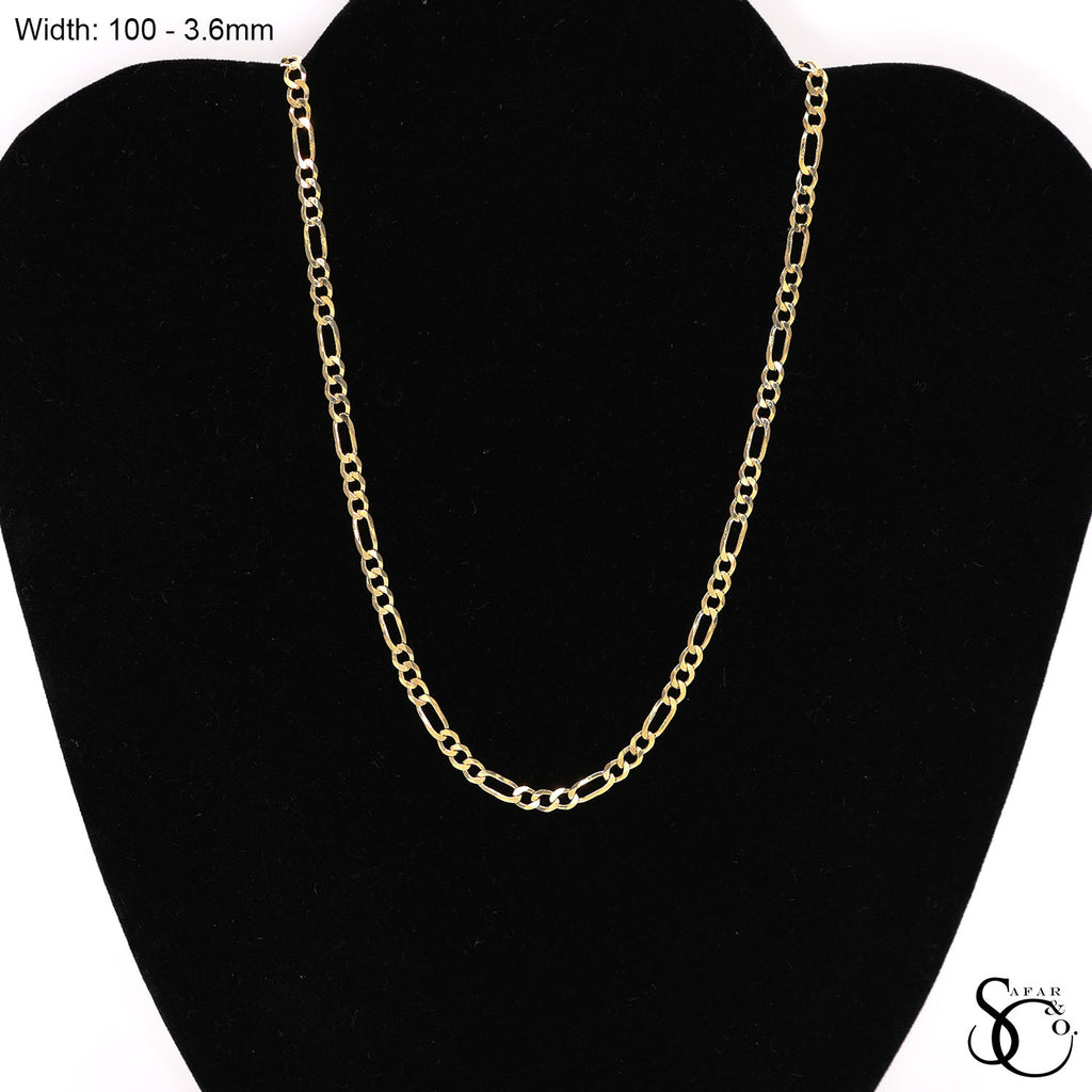 925 Sterling Silver 100 Yellow Gold Plated Flat Figaro Chain