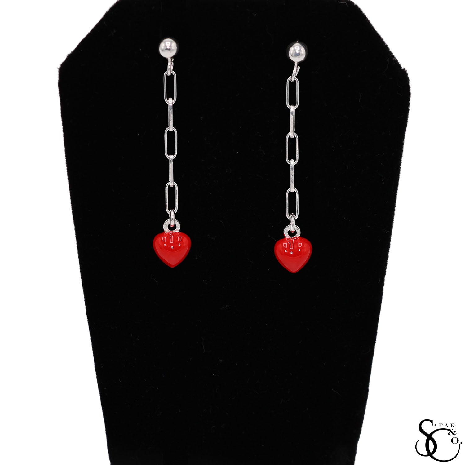 925 Sterling Silver Paper Clip Red Heart Drop Earrings Bracelet Anklet Set