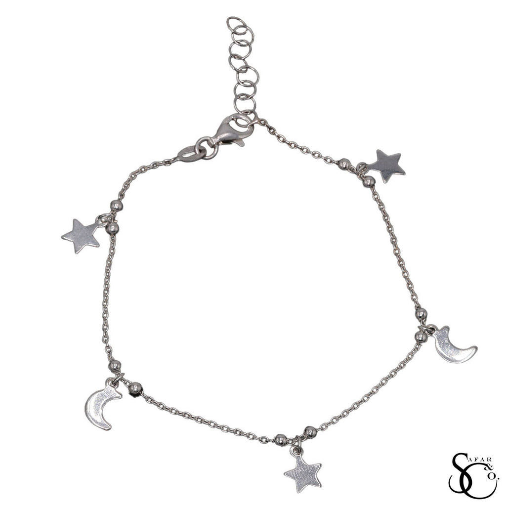 925 Sterling Silver Fancy Moon and Star Bracelet