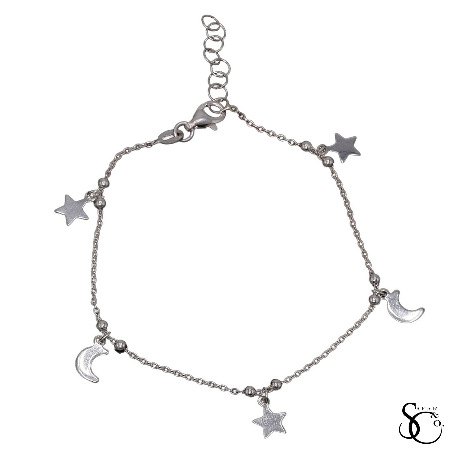 925 Sterling Silver Fancy Moon and Star Bracelet