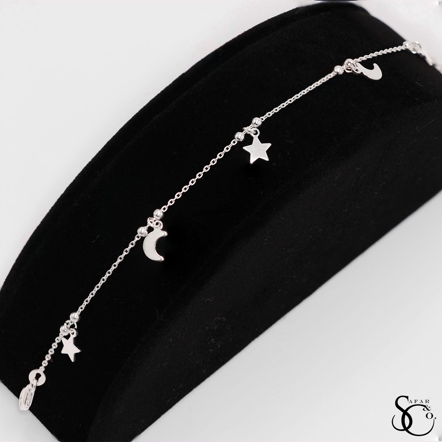 925 Sterling Silver Fancy Moon and Star Bracelet