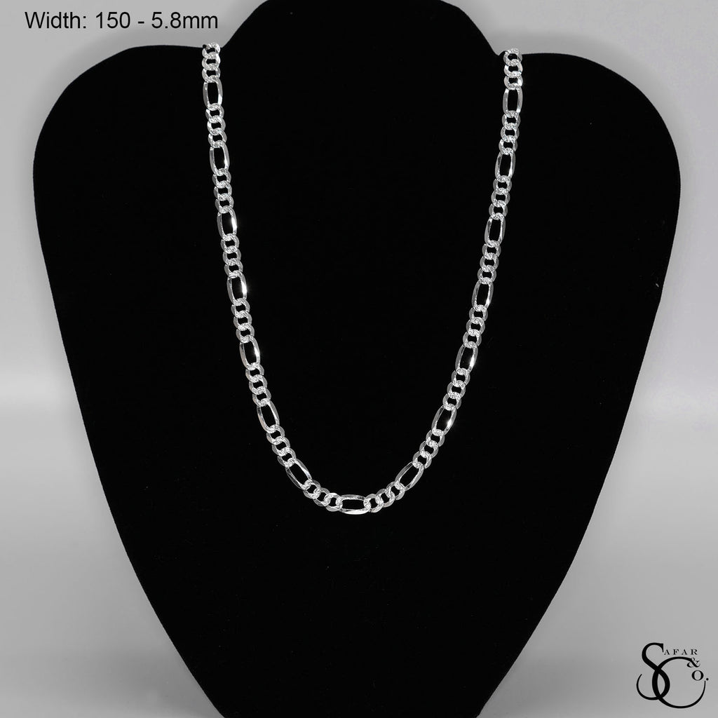 925 Sterling Silver 150 Pave Flat Figaro Chain
