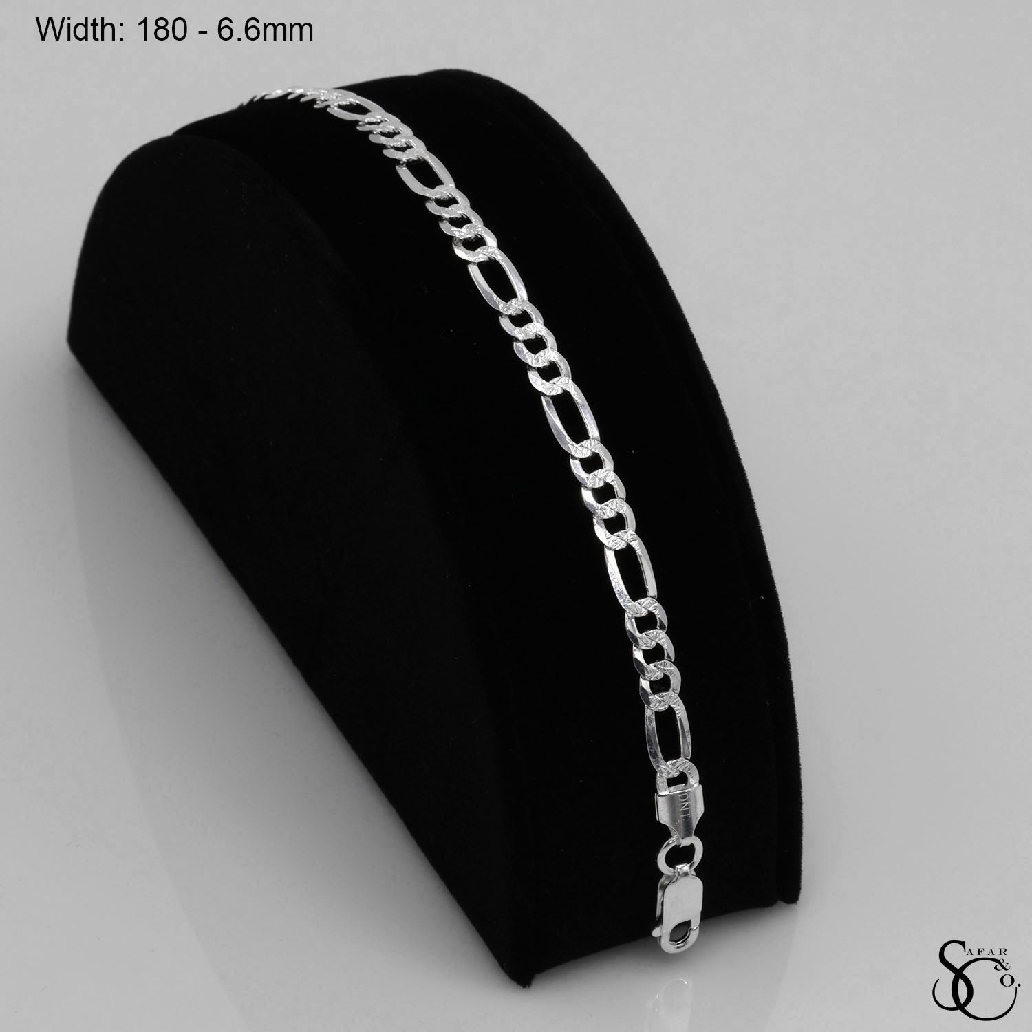 925 Sterling Silver 180 Pave Flat Figaro Bracelet