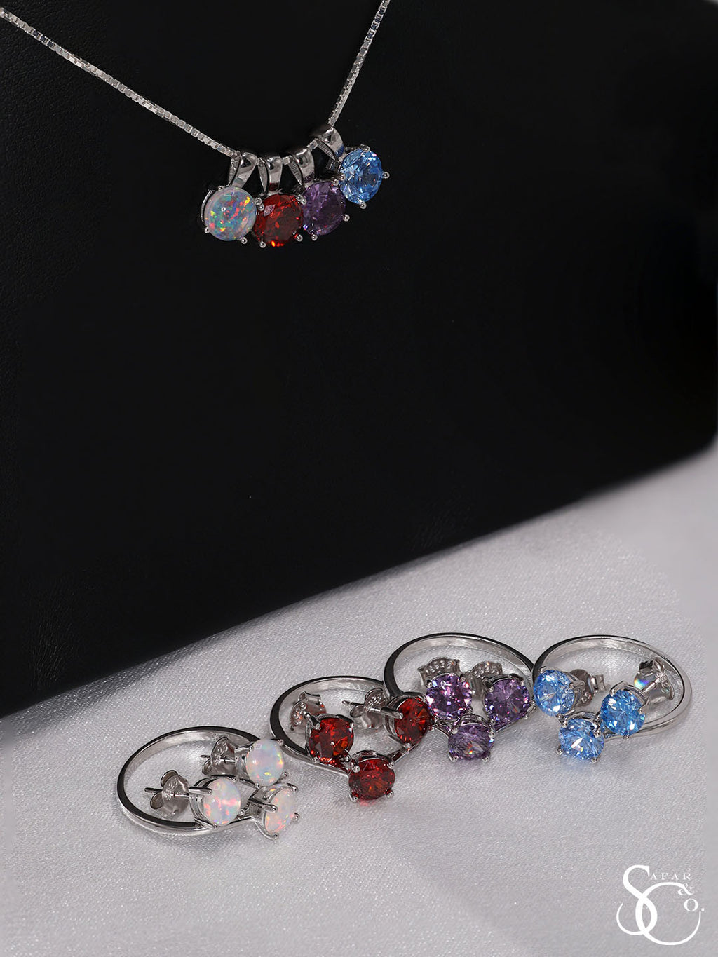 925 Sterling Silver Birthstone Pendant Earrings Ring Set