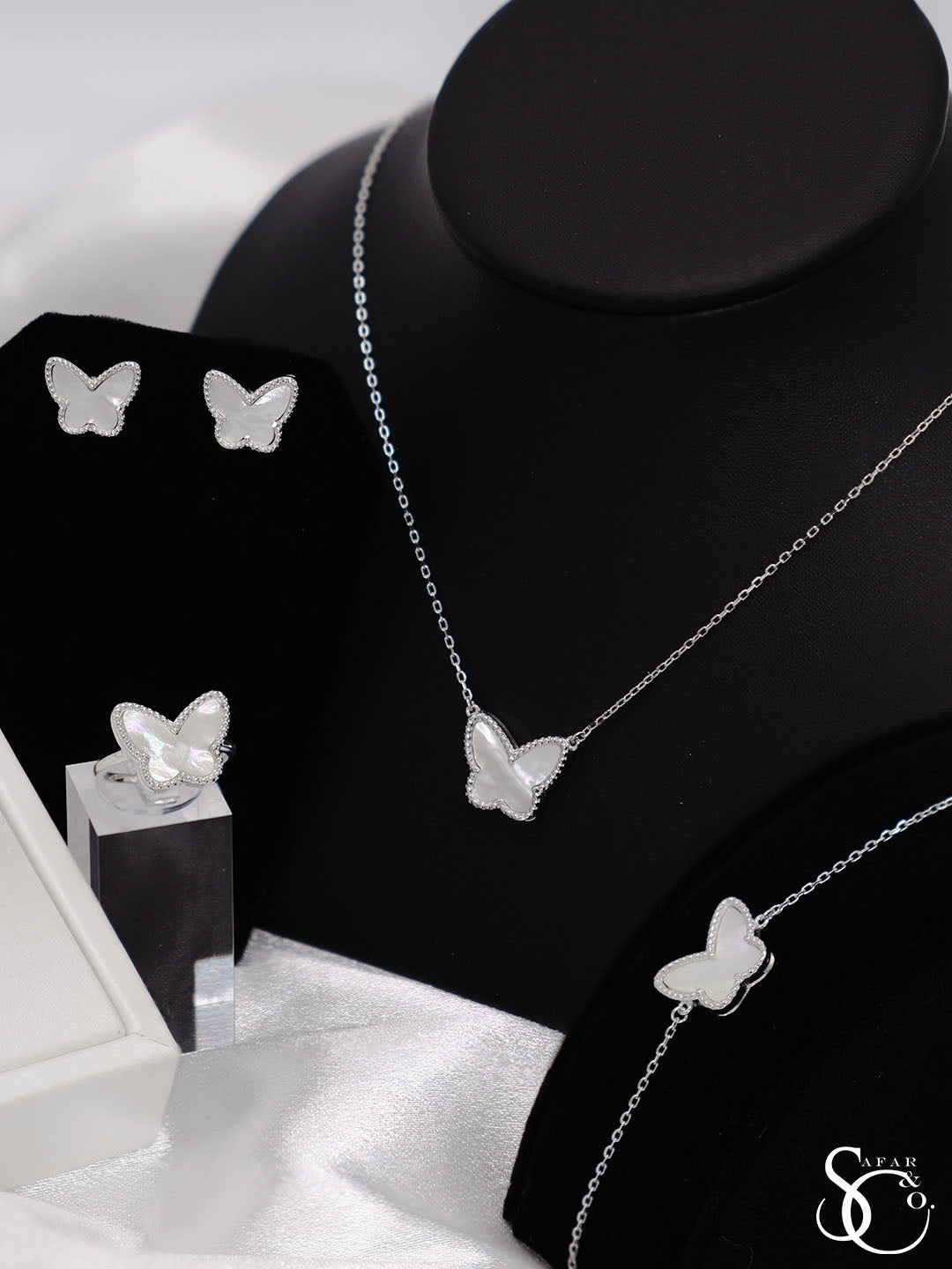925 Sterling Silver Butterfly & Ladybug Necklace Bracelet Earrings Ring Set