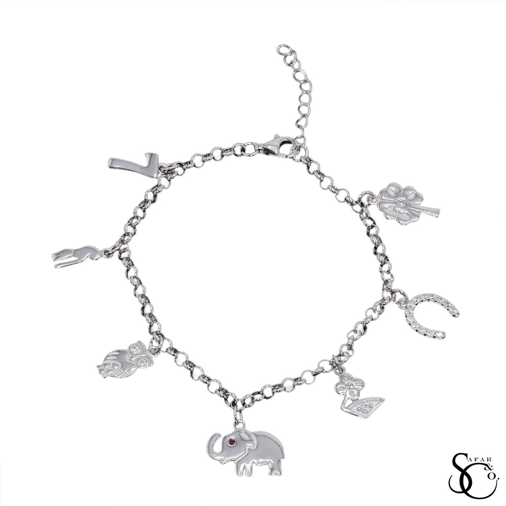 925 Sterling Silver Fancy Dangling Animal Lucky Charm Bracelet