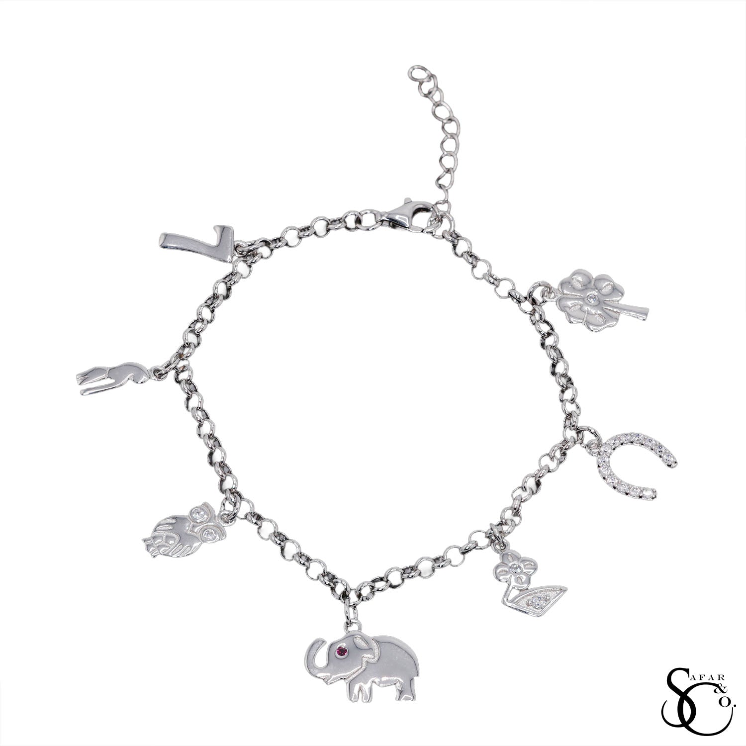 925 Sterling Silver Fancy Dangling Animal Lucky Charm Bracelet
