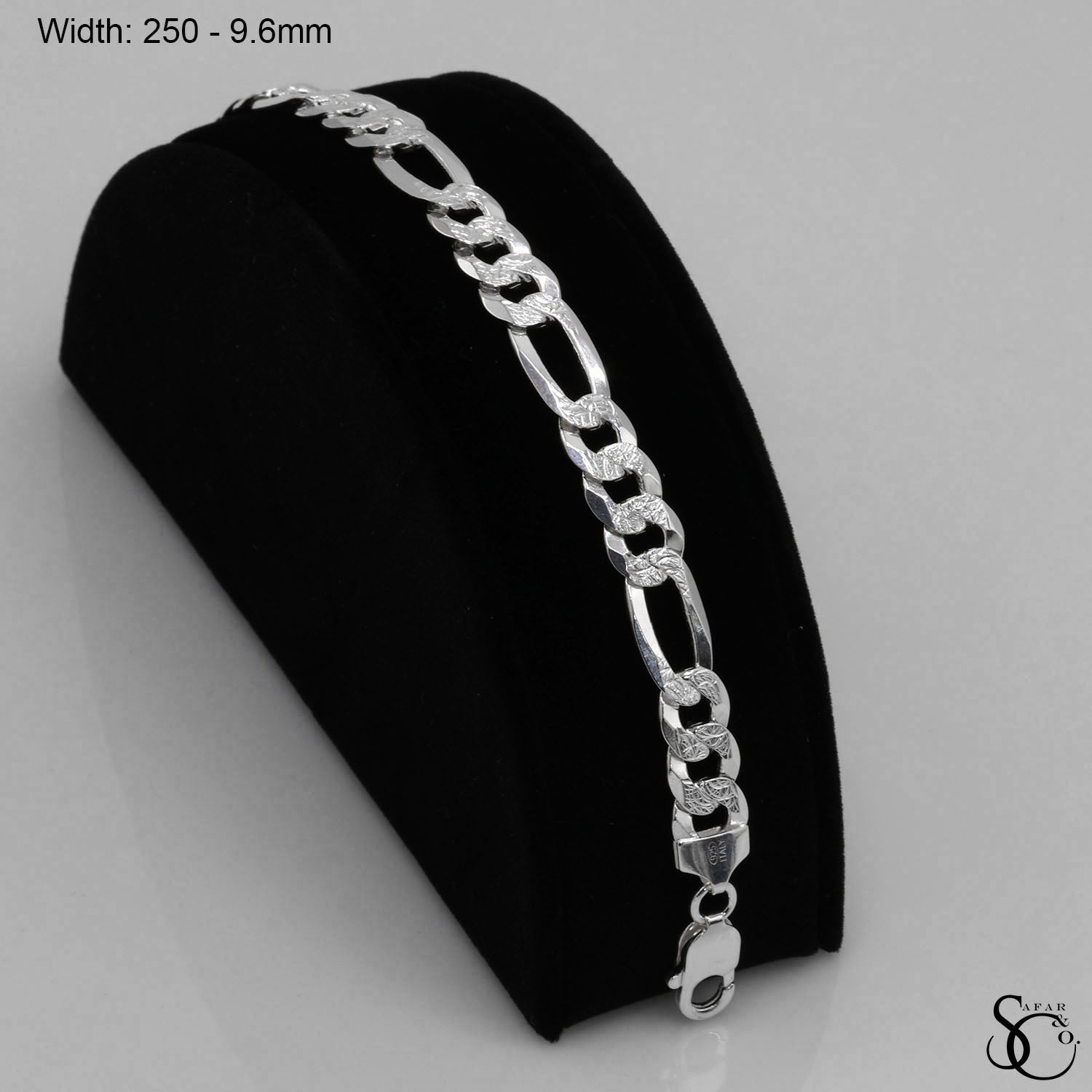 925 Sterling Silver 250 Pave Flat Figaro Bracelet