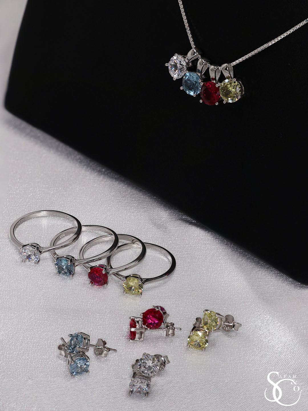 925 Sterling Silver Birthstone Pendant Earrings Ring Set