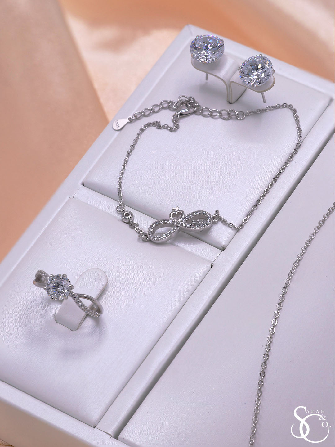 925 Sterling Silver Infinity Rose Necklace Bracelet Earrings Ring Set