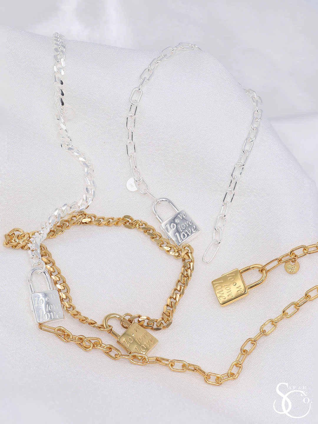 925 Sterling Silver Yellow Gold Plated Cuban Curb Love Lock Charm Bracelet