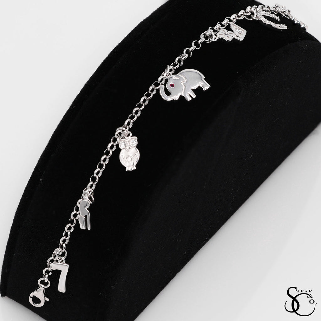 925 Sterling Silver Fancy Dangling Animal Lucky Charm Bracelet