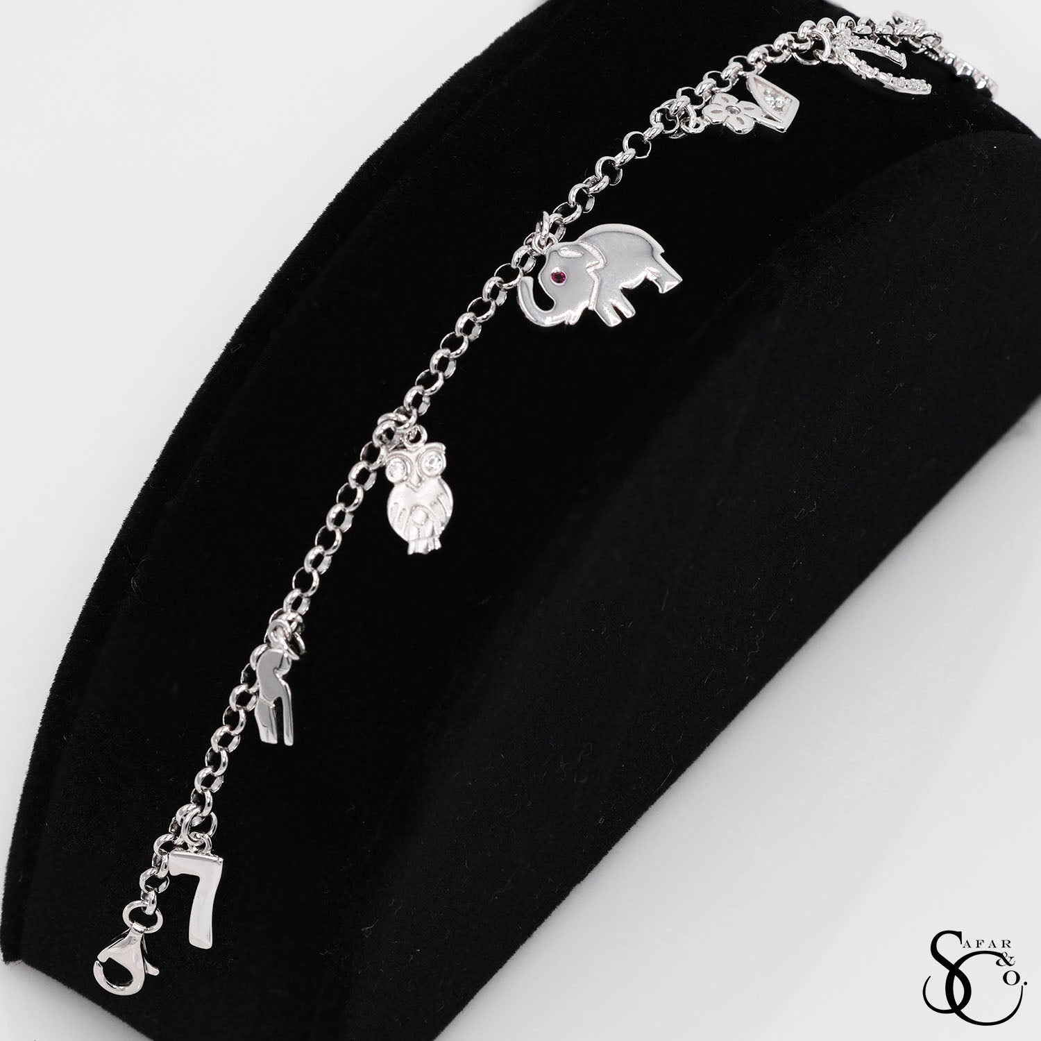 925 Sterling Silver Fancy Dangling Animal Lucky Charm Bracelet