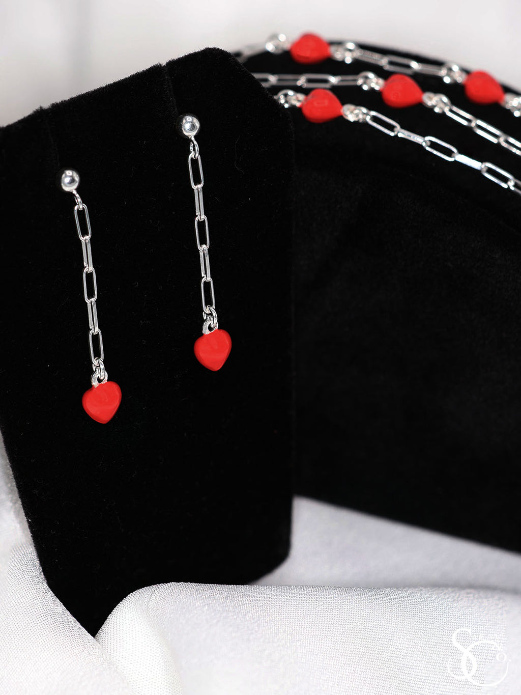 925 Sterling Silver Paper Clip Red Heart Drop Earrings Bracelet Anklet Set