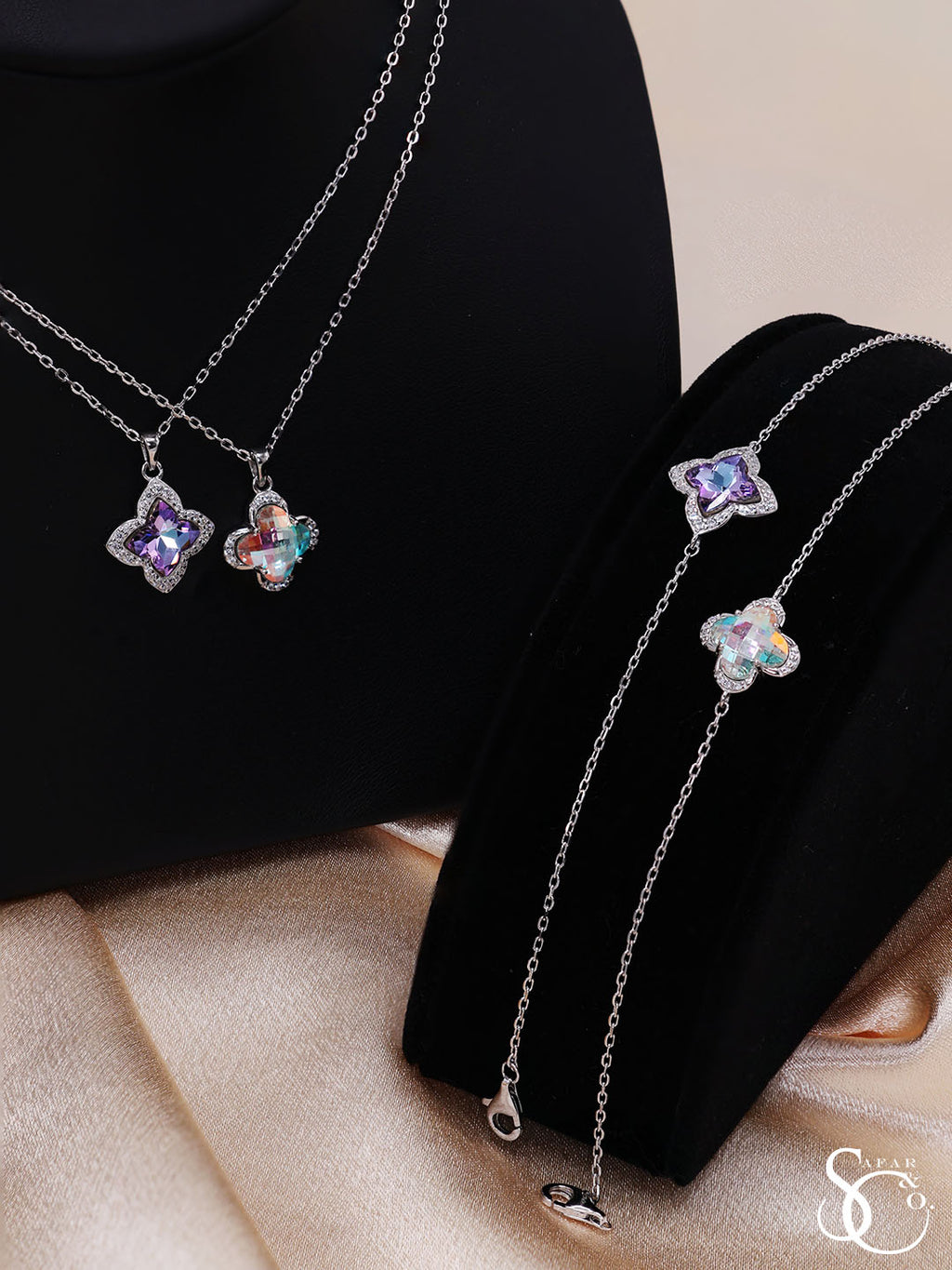 925 Sterling Silver Opal Clover Earrings Bracelet Necklace Ring Set