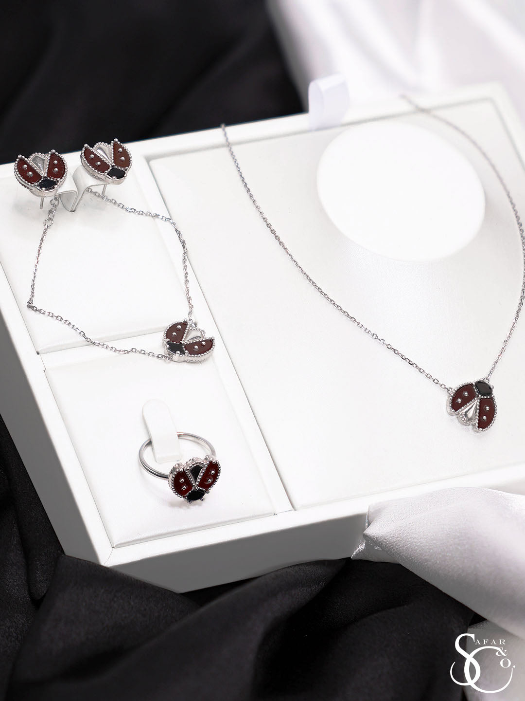 925 Sterling Silver Butterfly & Ladybug Necklace Bracelet Earrings Ring Set