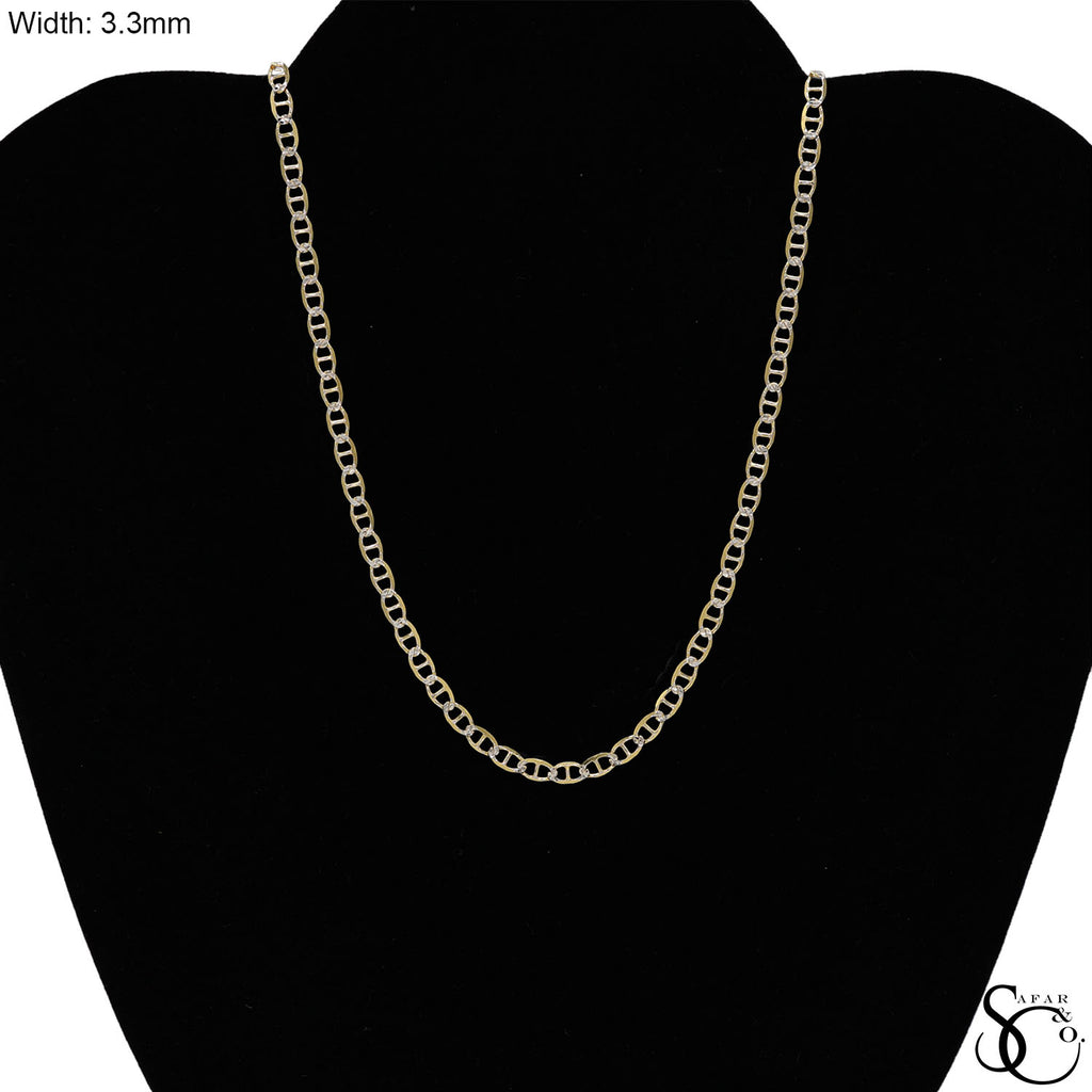 925 Sterling Silver Two Tone Gold Plated 3.3mm Flat Pave Mariner Chain