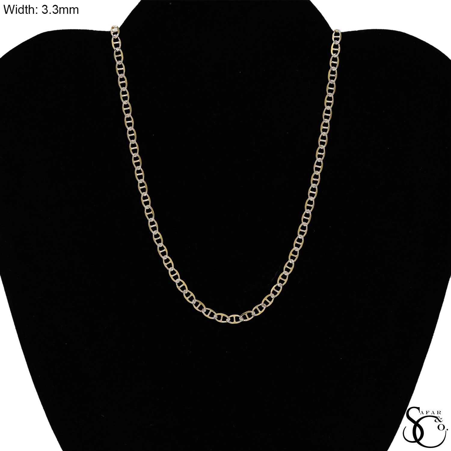 925 Sterling Silver Two Tone Gold Plated 3.3mm Flat Pave Mariner Chain