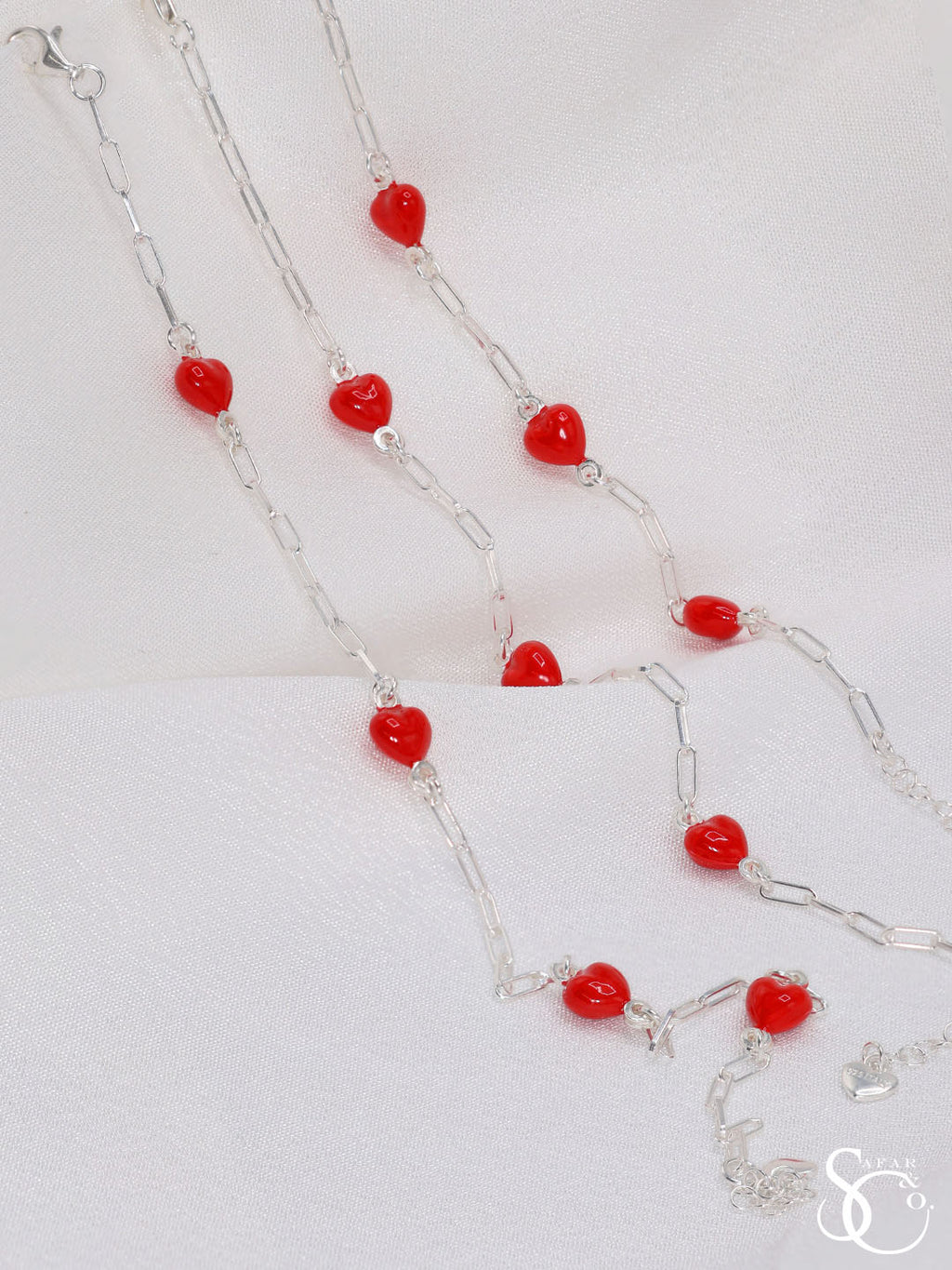 925 Sterling Silver Paper Clip Red Heart Drop Earrings Bracelet Anklet Set