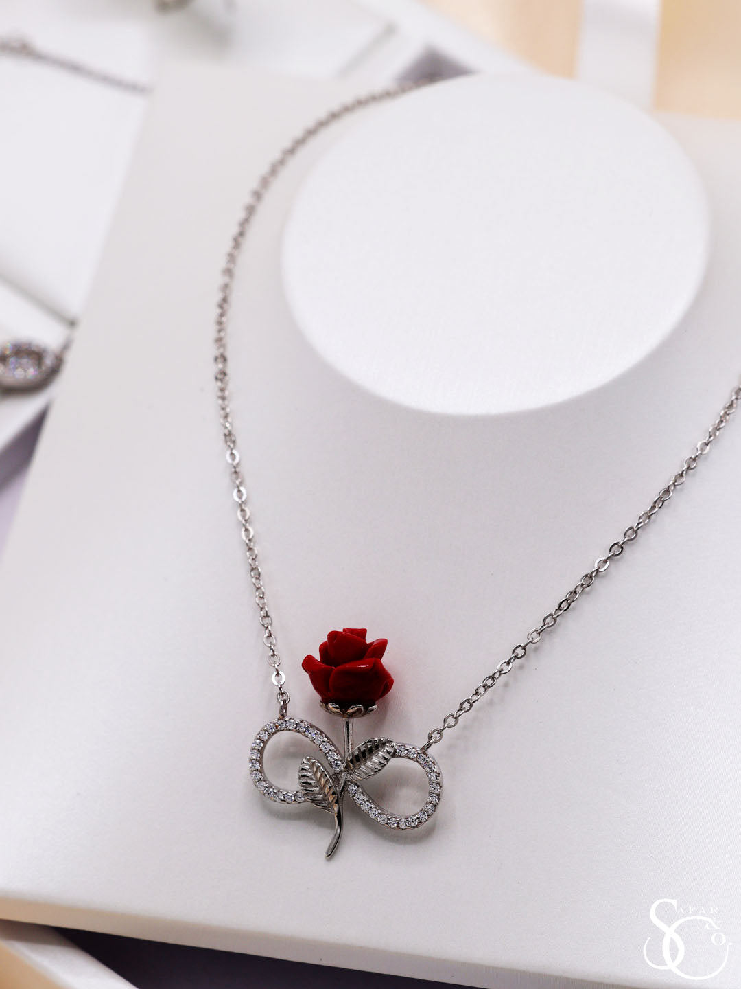 925 Sterling Silver Infinity Rose Necklace Bracelet Earrings Ring Set