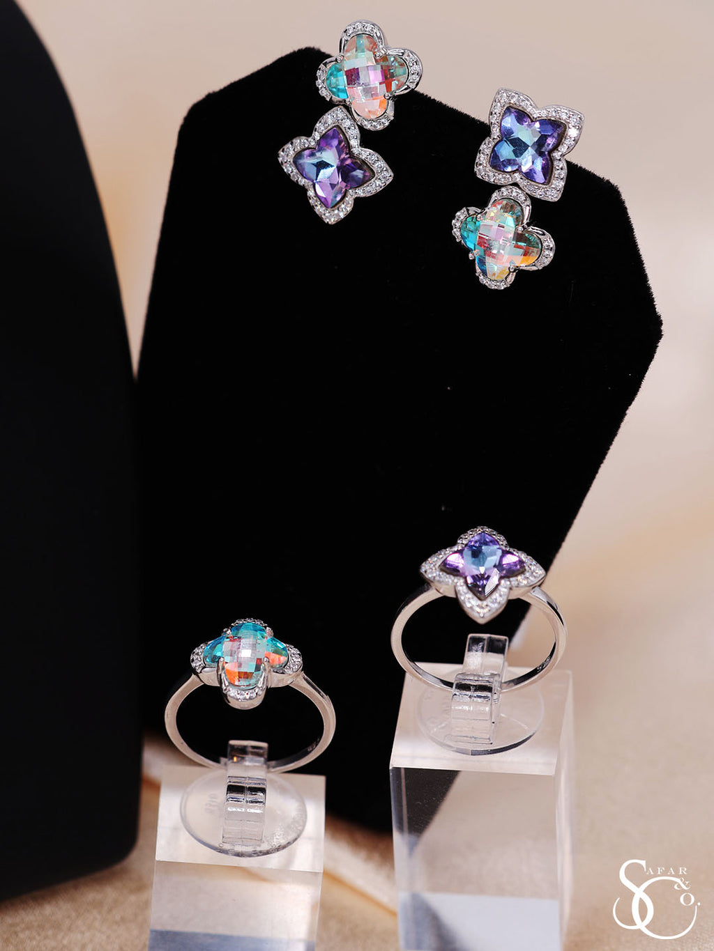 925 Sterling Silver Opal Clover Earrings Bracelet Necklace Ring Set