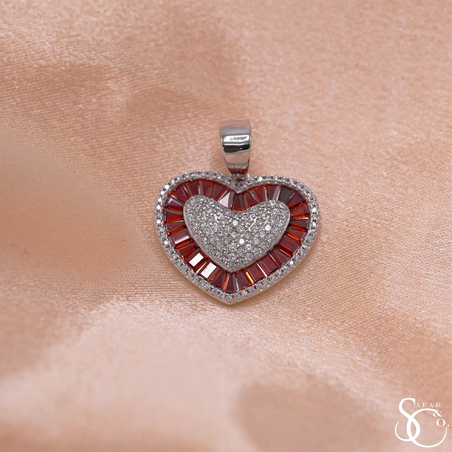 925 Sterling Silver Heart Baguette CZ Charm Pendant