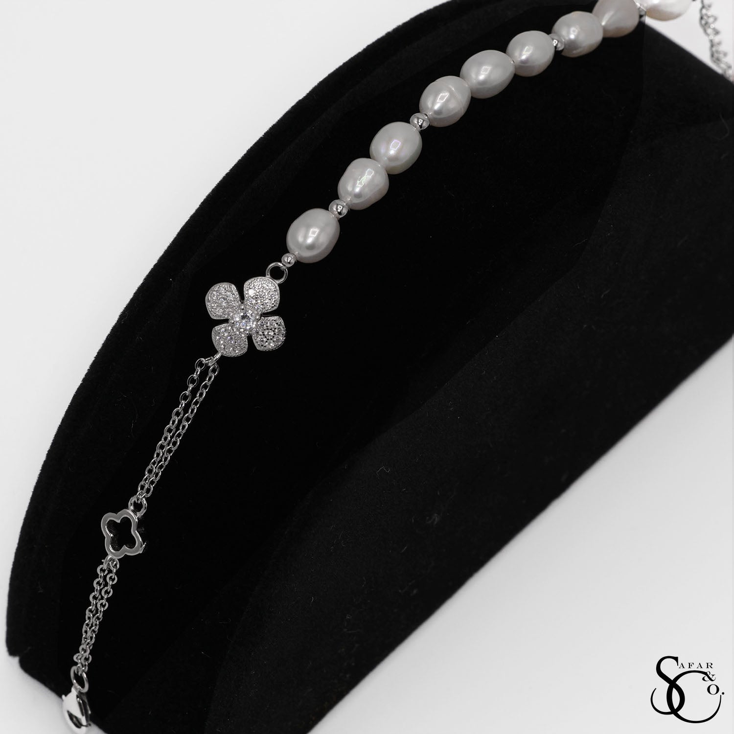 925 Sterling Silver Real Pearl Clover Cubic Zirconia Bracelet