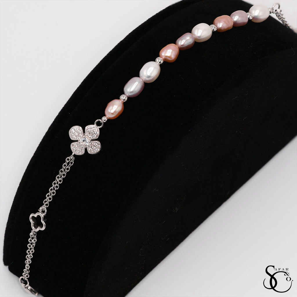 925 Sterling Silver Real Pearl Clover Cubic Zirconia Bracelet