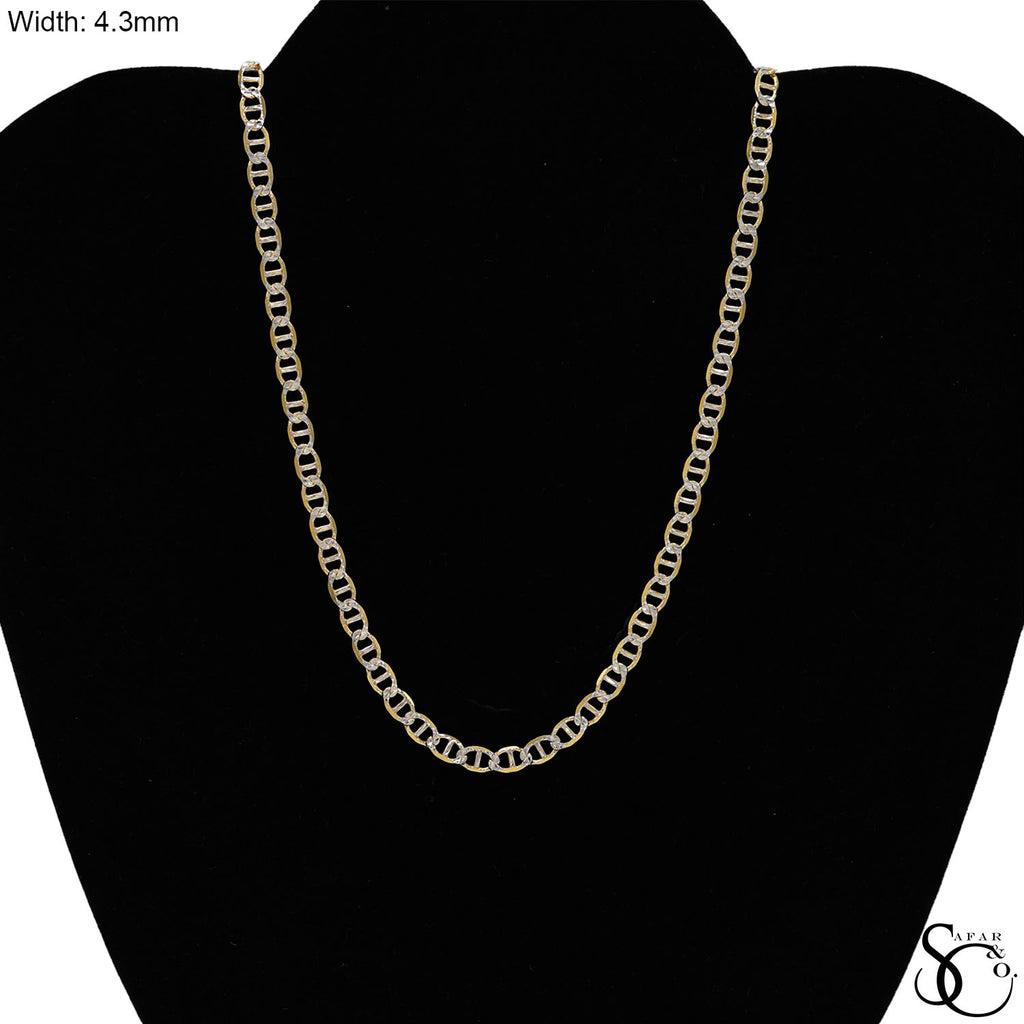925 Sterling Silver Two Tone Gold Plated 4.3mm Flat Pave Mariner Chain