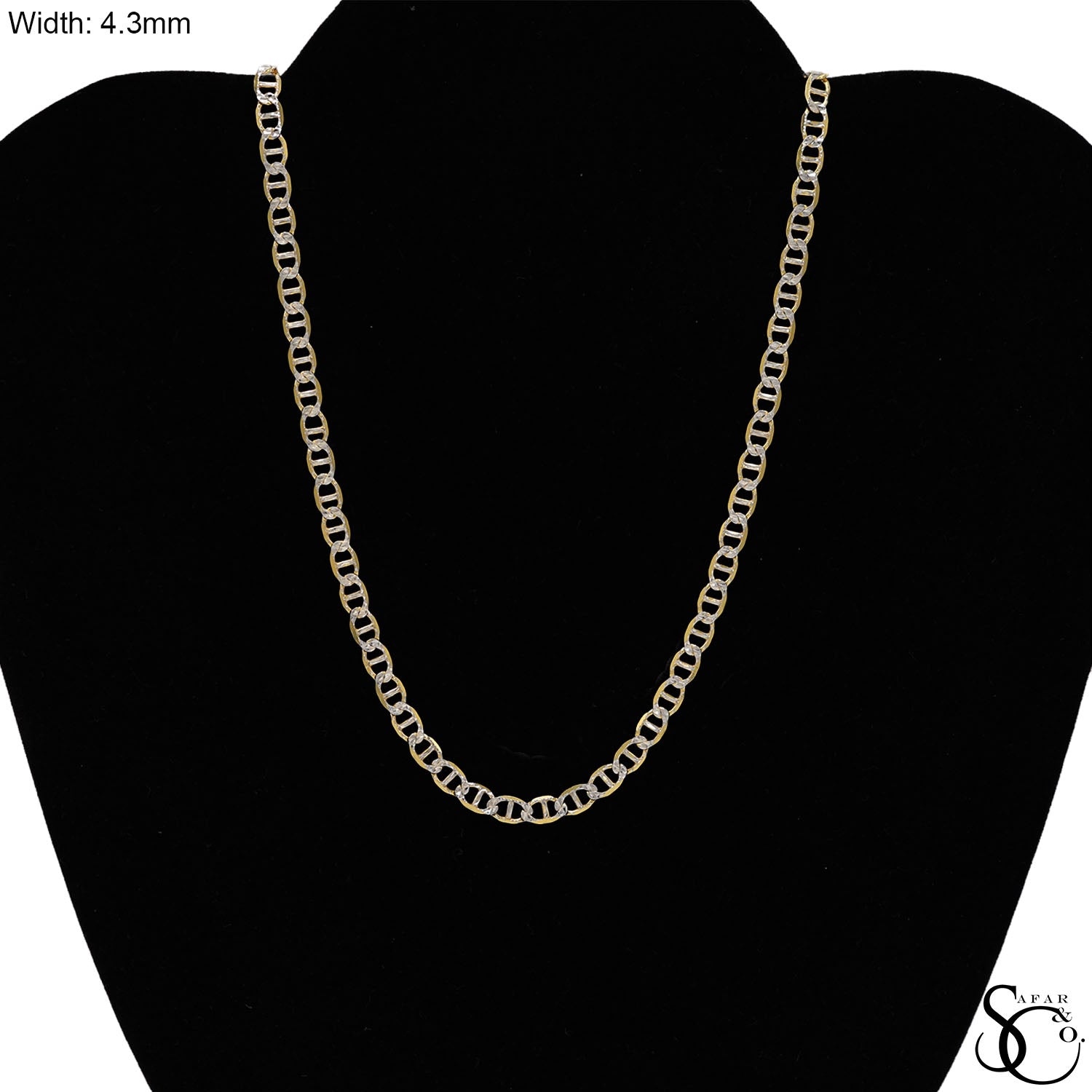 925 Sterling Silver Two Tone Gold Plated 4.3mm Flat Pave Mariner Chain