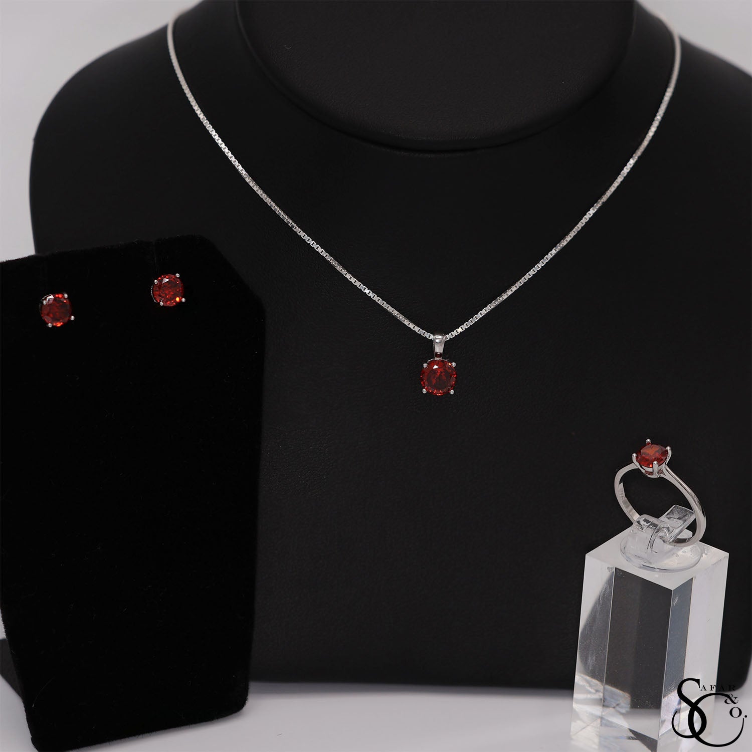 925 Sterling Silver Birthstone Pendant Earrings Ring Set