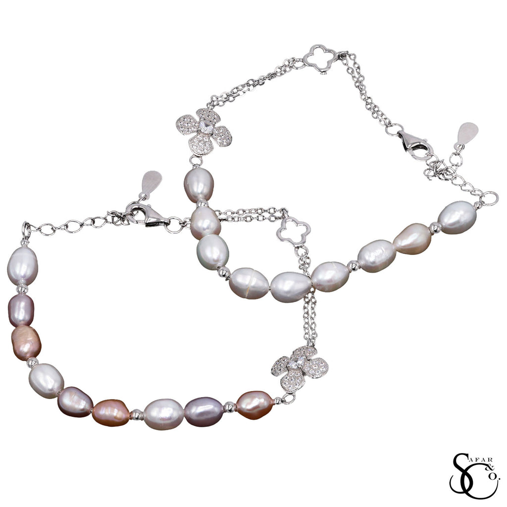 925 Sterling Silver Real Pearl Clover Cubic Zirconia Bracelet