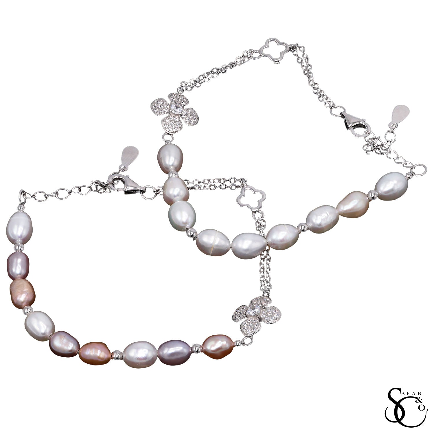 925 Sterling Silver Real Pearl Clover Cubic Zirconia Bracelet