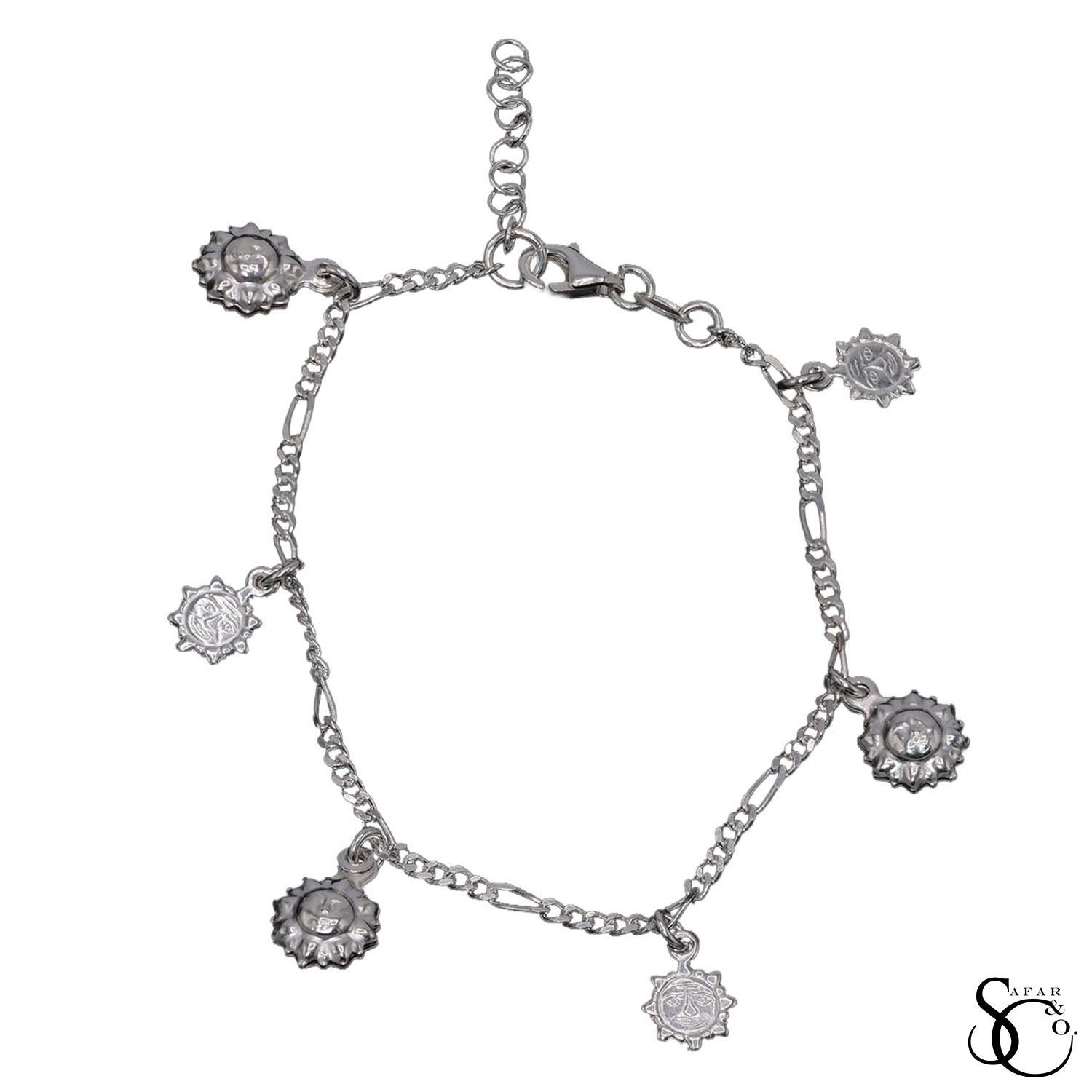 925 Sterling Silver Fancy Figaro Sun Bracelet