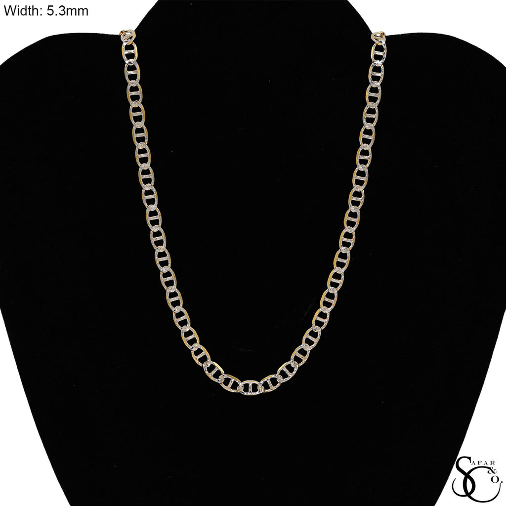 925 Sterling Silver Two Tone Gold Plated 5.3mm Flat Pave Mariner Chain