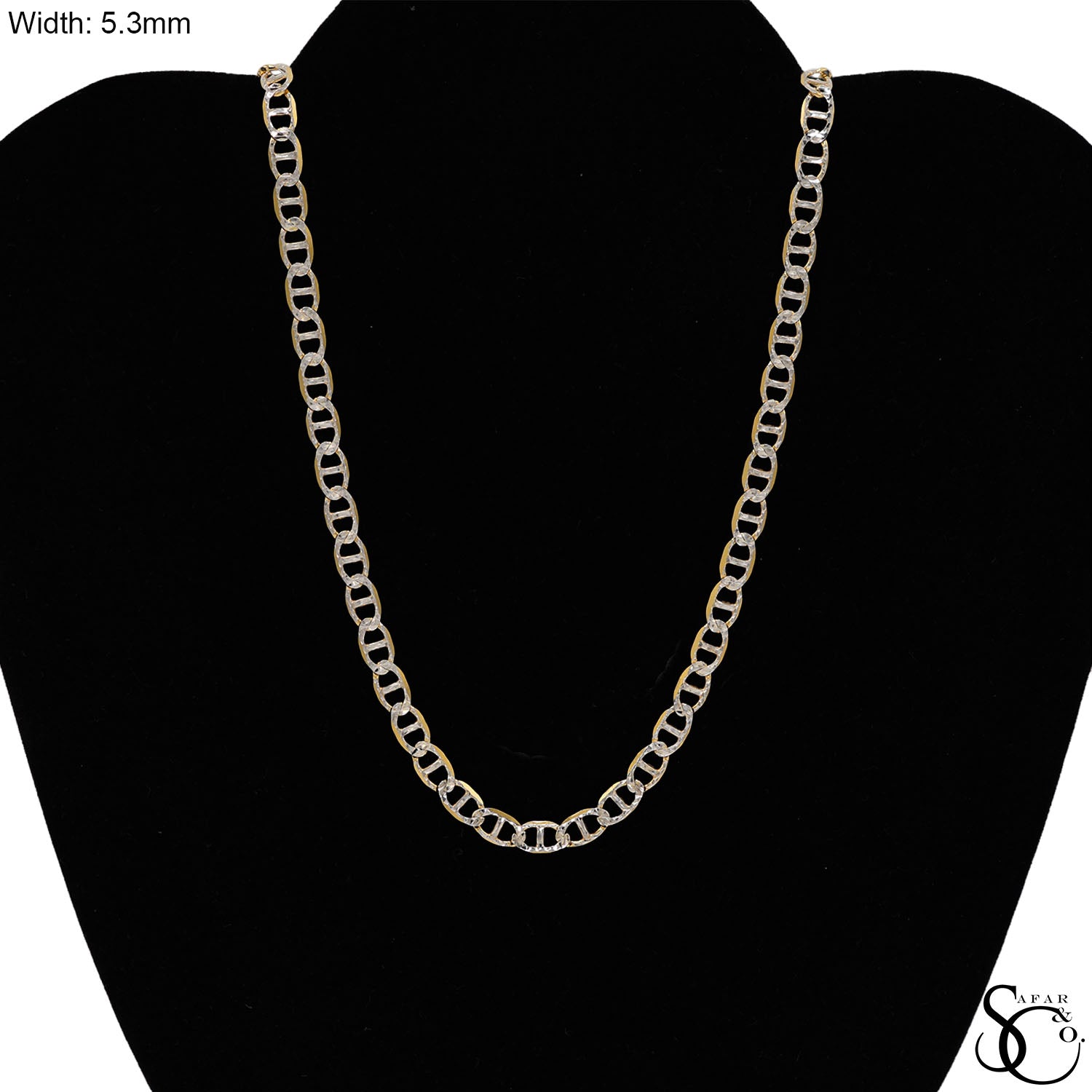 925 Sterling Silver Two Tone Gold Plated 5.3mm Flat Pave Mariner Chain