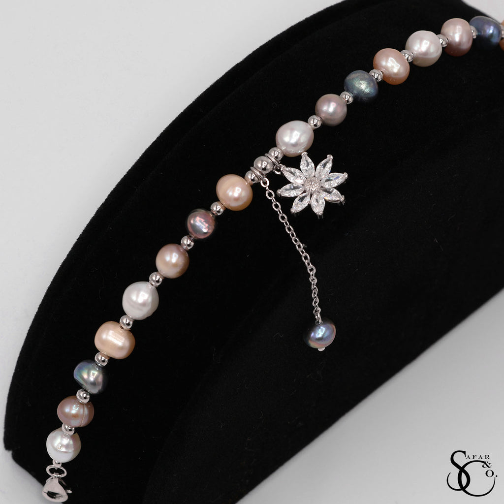 925 Sterling Silver Real Pearl Flower Cubic Zirconia Bracelet