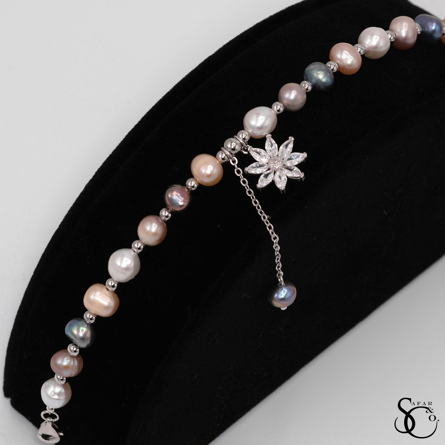 925 Sterling Silver Real Pearl Flower Cubic Zirconia Bracelet