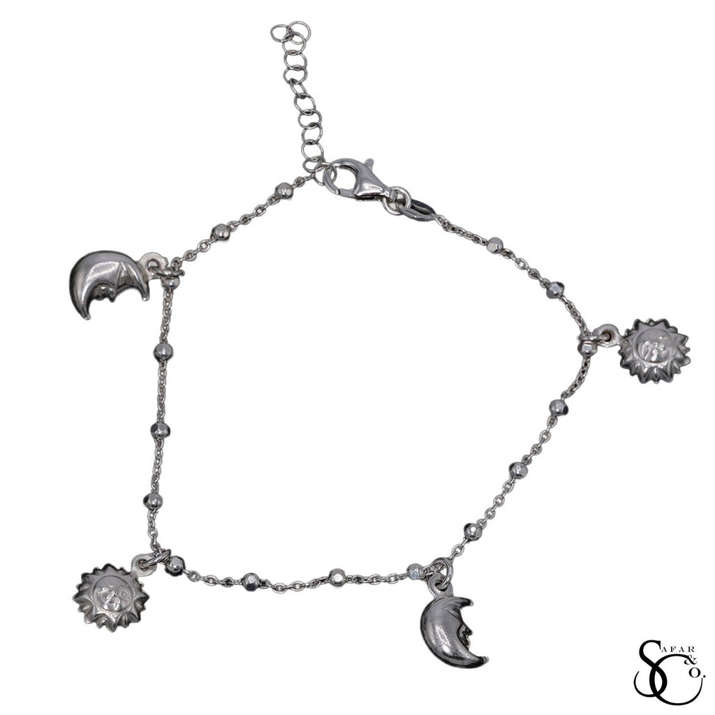 925 Sterling Silver Fancy Ball Beaded Sun and Moon Bracelet