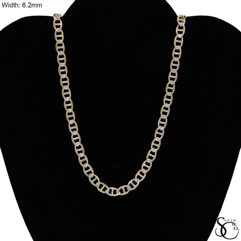 925 Sterling Silver Two Tone Gold Plated 6.2mm Flat Pave Mariner Chain