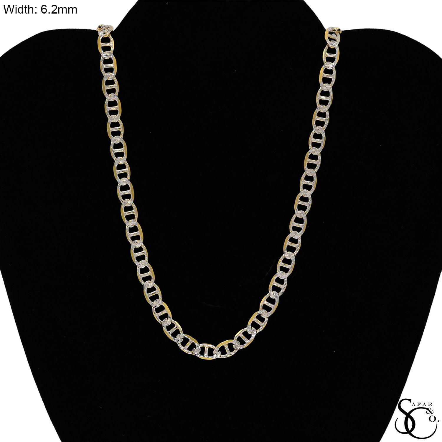 925 Sterling Silver Two Tone Gold Plated 6.2mm Flat Pave Mariner Chain