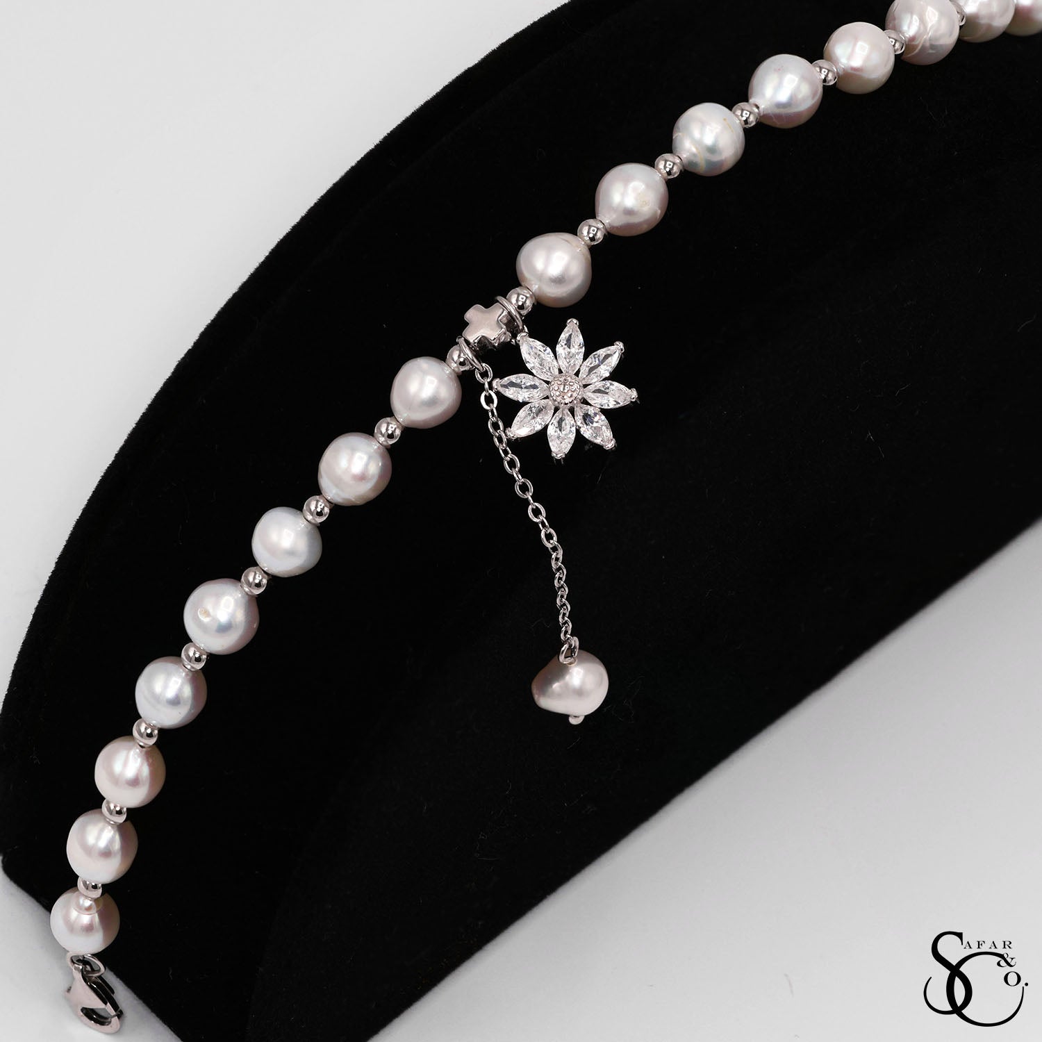 925 Sterling Silver Real Pearl Flower Cubic Zirconia Bracelet
