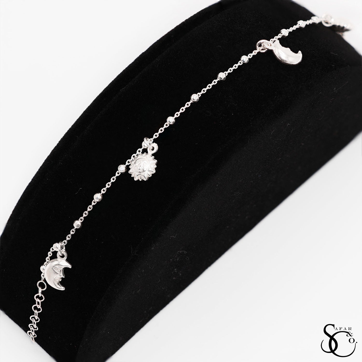 925 Sterling Silver Fancy Ball Beaded Sun and Moon Bracelet