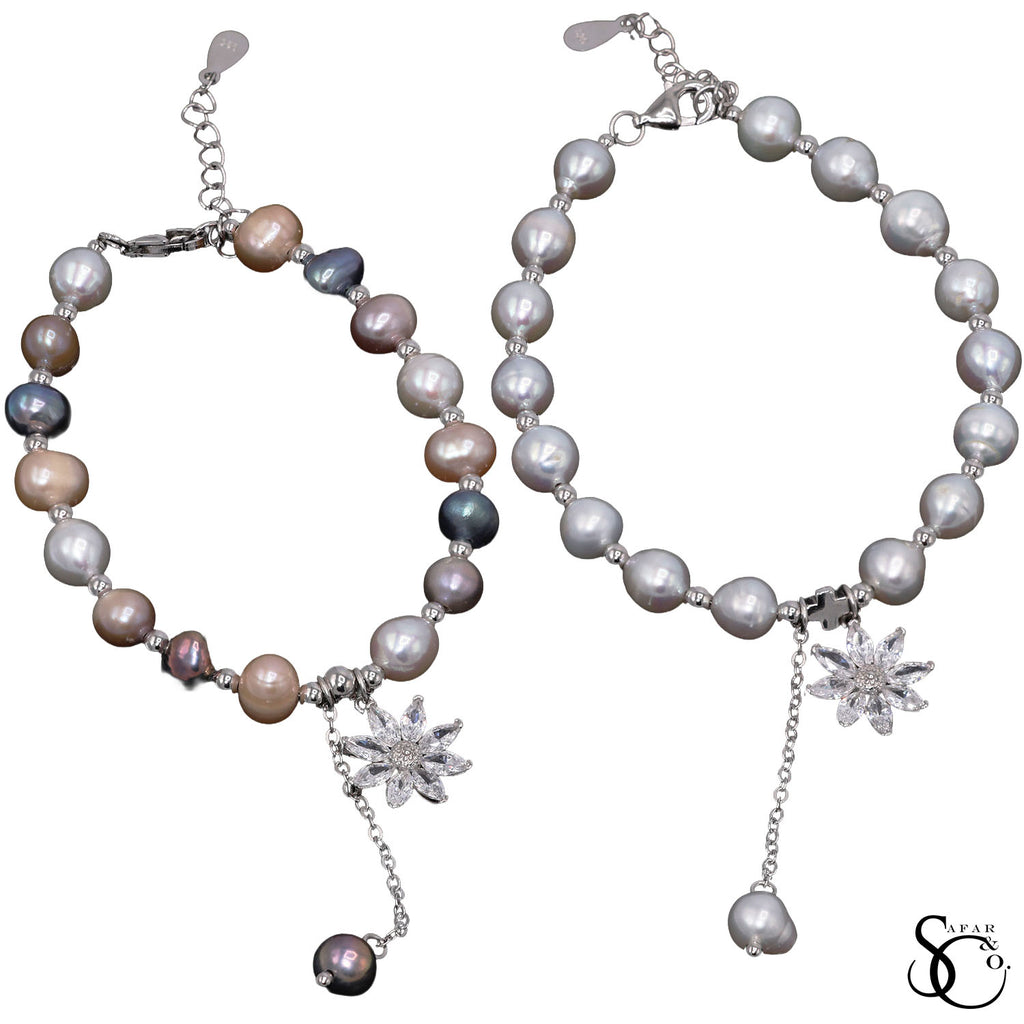 925 Sterling Silver Real Pearl Flower Cubic Zirconia Bracelet