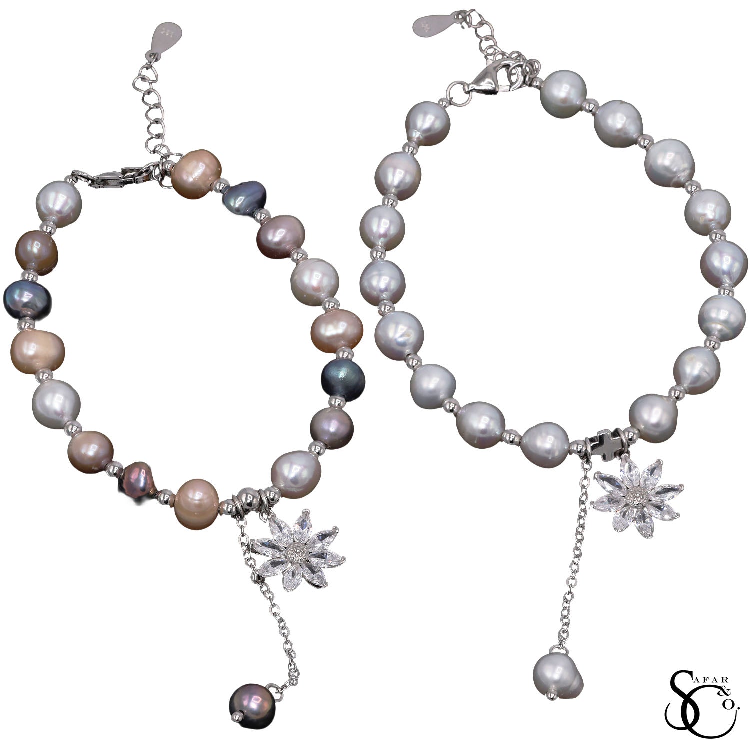 925 Sterling Silver Real Pearl Flower Cubic Zirconia Bracelet